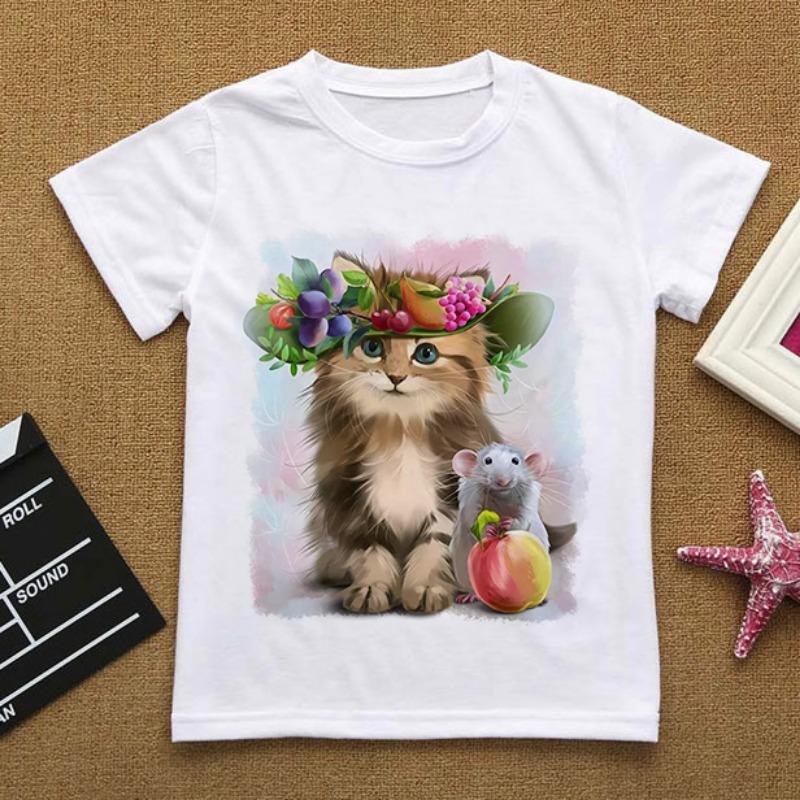 Flowers Summer Clothes Love You Cat CartoonsTShirt Baby Things For Girls Clothes For Boy T Shirt Kids Boy White Short Sleeve Top