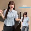 Blue Lace Striped Short-Sleeve Summer Shirt - Plus Size, Waist-Slimming Top for Women