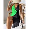 Plus Size Summer Hollow Out Beach Dress Women's Clashing Splicing Sexy Hanging Neck Tie Dress Irregular