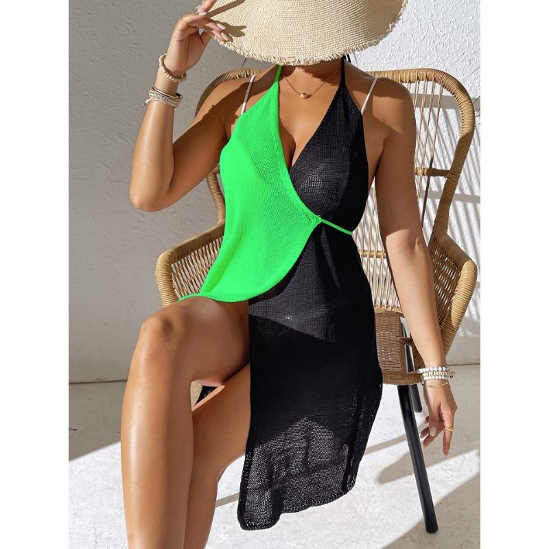 Plus Size Summer Hollow Out Beach Dress Women's Clashing Splicing Sexy Hanging Neck Tie Dress Irregular