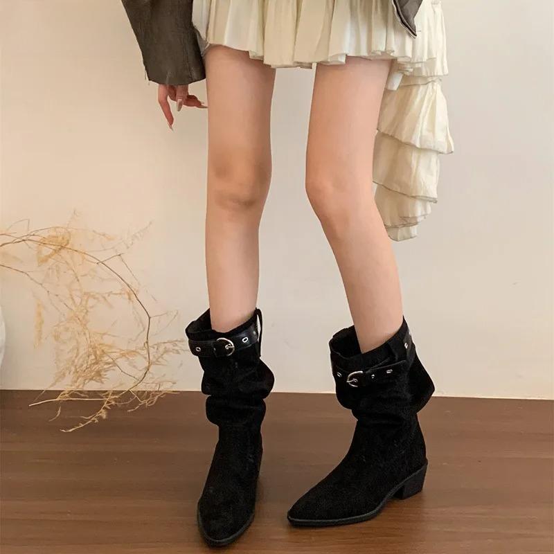 Vintage Pleated Women Western Cowboy Boots Fashion Pointed Toe Thick Heels Ladies Mid Calf Booties