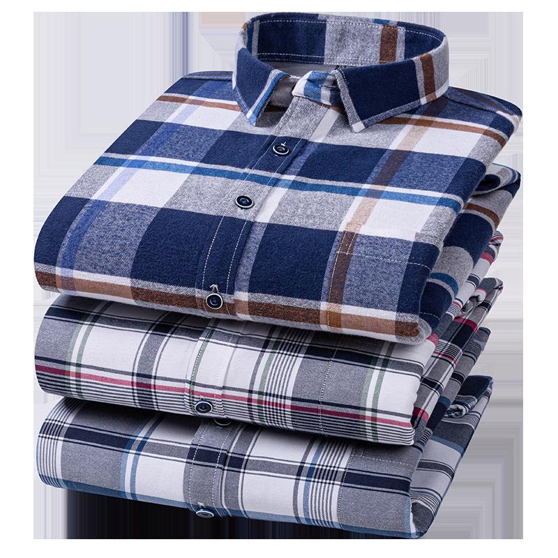 Men's Long Sleeve Cotton Plaid Shirt with Velvet Lining