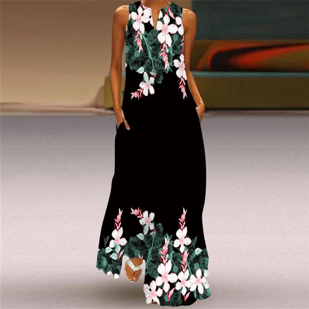Yousheng Lady Maxi Dress with Pockets Flower Printing A-line V Neck Sleeveless Loose Full Length Dress for Vavation Beach Parties