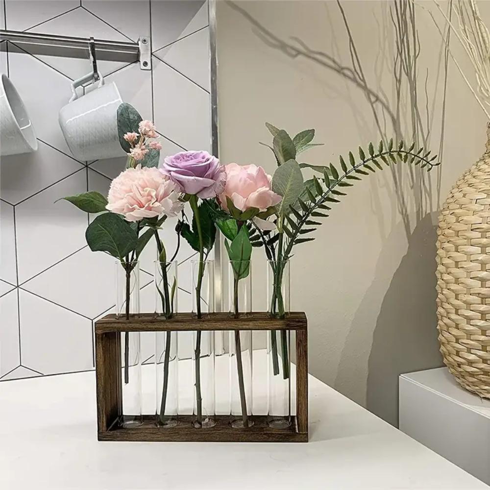 Wood Frame Test Tube Vases Transparent Glass Glass Planter Hydroponic Plants Container  Home Decor