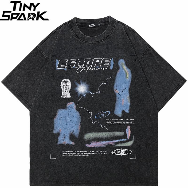 Hip Hop Washed Black TShirt Streetwear Vintage Graphic Escape T Shirt Cotton Hipster Unisex Tshirt Men Tops Tees YK Dope