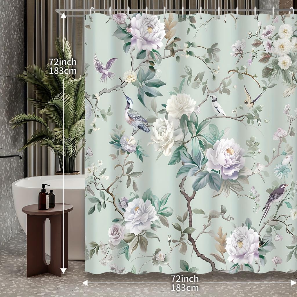 1pc Chinese style elegant classical peony branch magpie shower curtain, decorative print shower curtain with hook