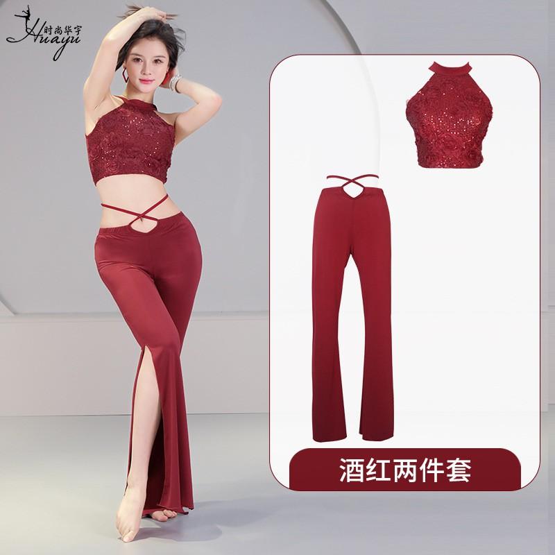 Belly Dance Costume Set With Sequins Women - Stretchy Spandex Performance Outfit In Wine Red Champagne