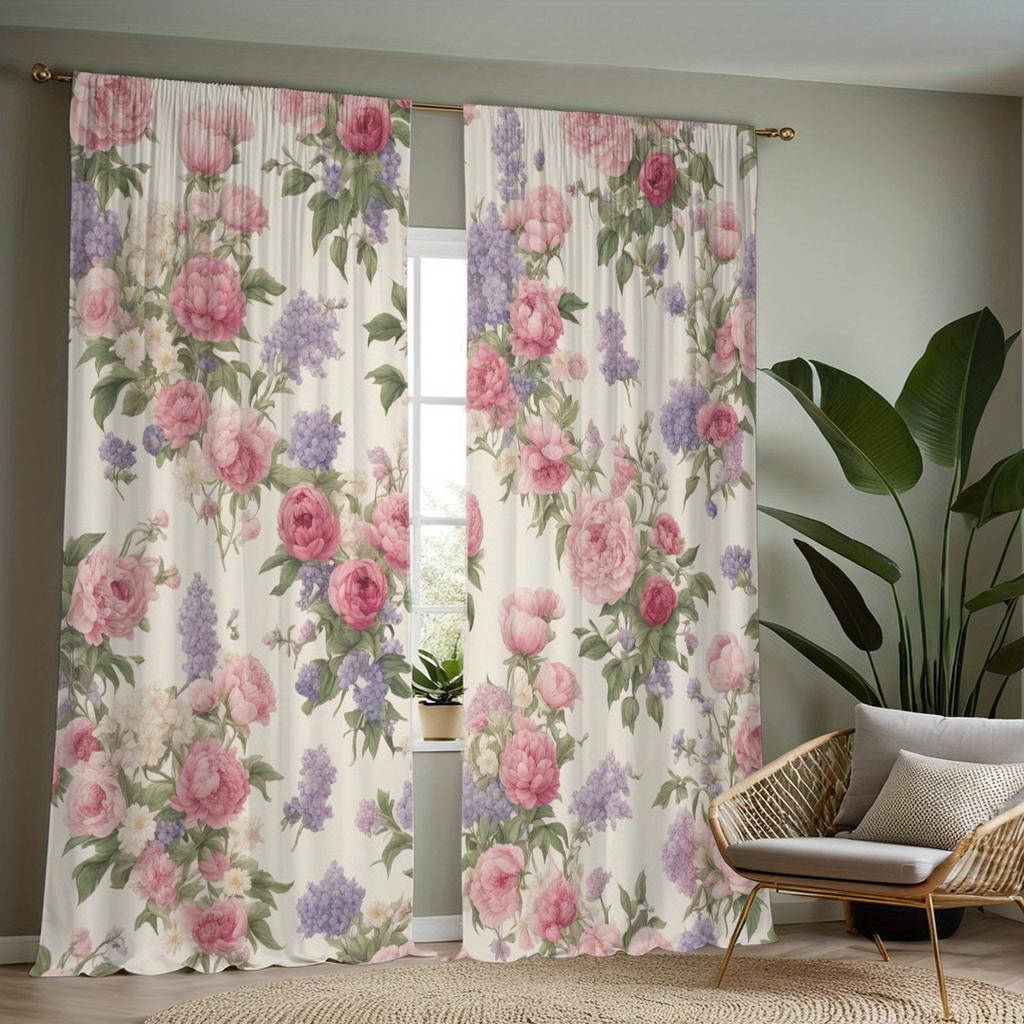 2Pcs Glam Style Floral Printed Curtains, Semi-Sheer Polyester Drapes With Rod Pocket, Machine Washable, Decorative Unlined Windo