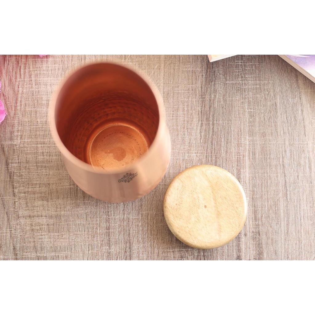 Pure Copper Bedroom Water Bottle with Wooden Lid, Aqua Vase Design with Hammered Lacquer Finish - Volume 1300 Ml (Pack of 2)