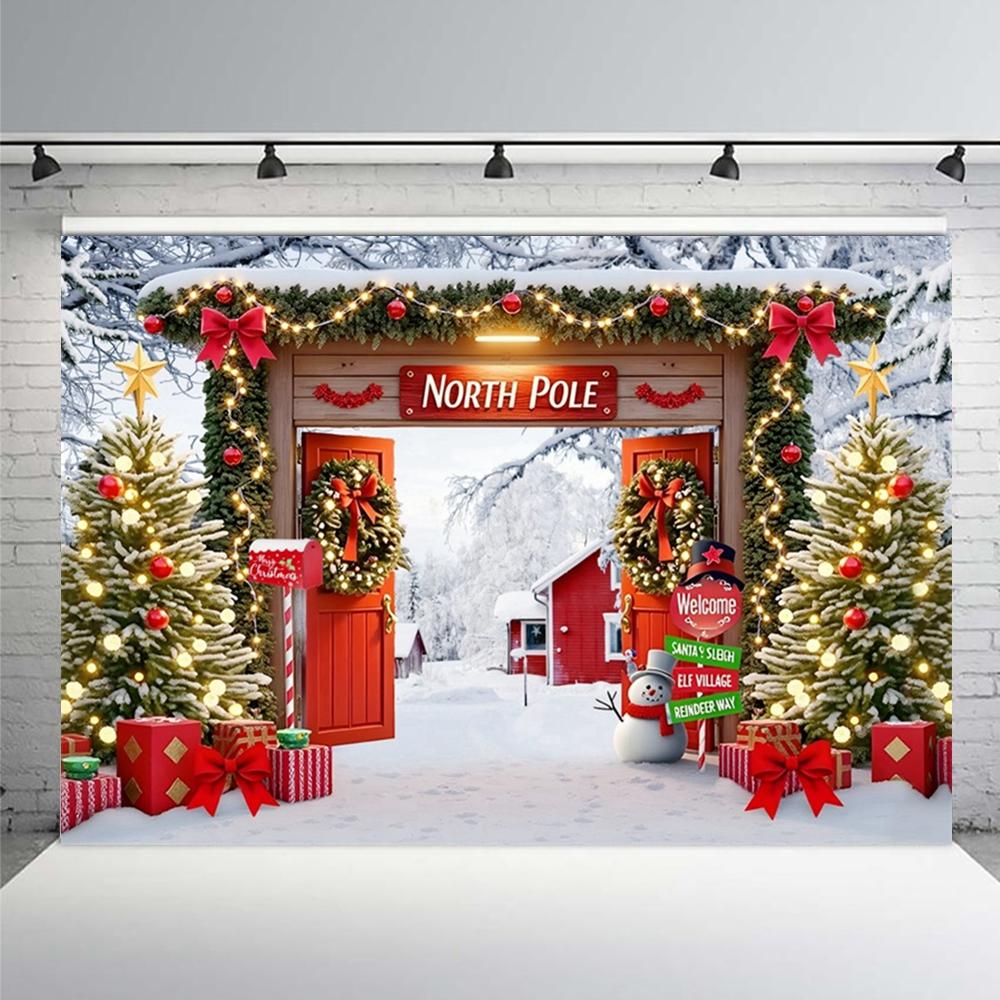 Yeele Christmas Photography Backdrop Winter Snow North Pole Wooden Door Xmas Tree Gifts Kids Family Portrait Photo Background