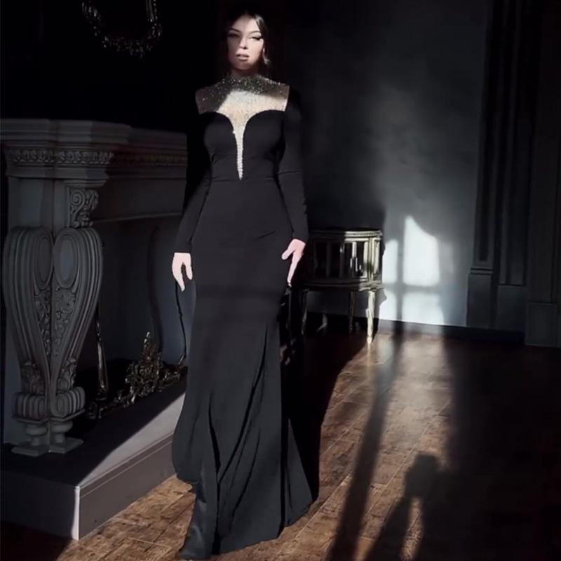 2024 Autumn European & American Women's Light Luxury Fishtail Dress with Elegant Hot Drill Detailing