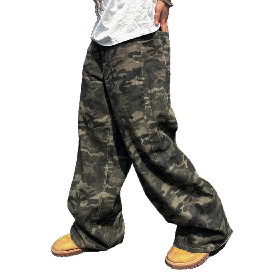 American Retro Washed Camouflage Scimitar Jeans Men's and Women's Loose Silhouette Design Sense Old Wide-leg Trousers
