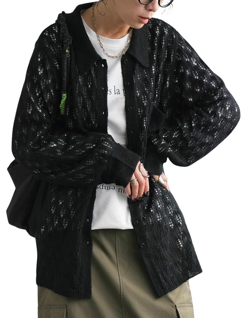Antiqua Openwork Knit One Size Black Women's Shirt, PYA-00021, 05,