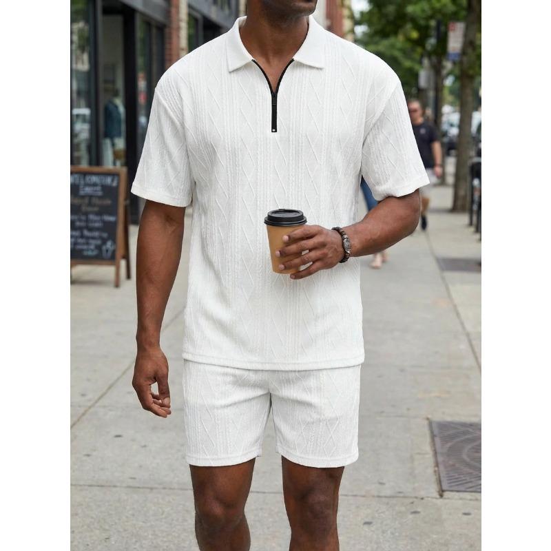 Men's Textured Knit Half Zip Polo Shirt And Shorts Two Piece Set