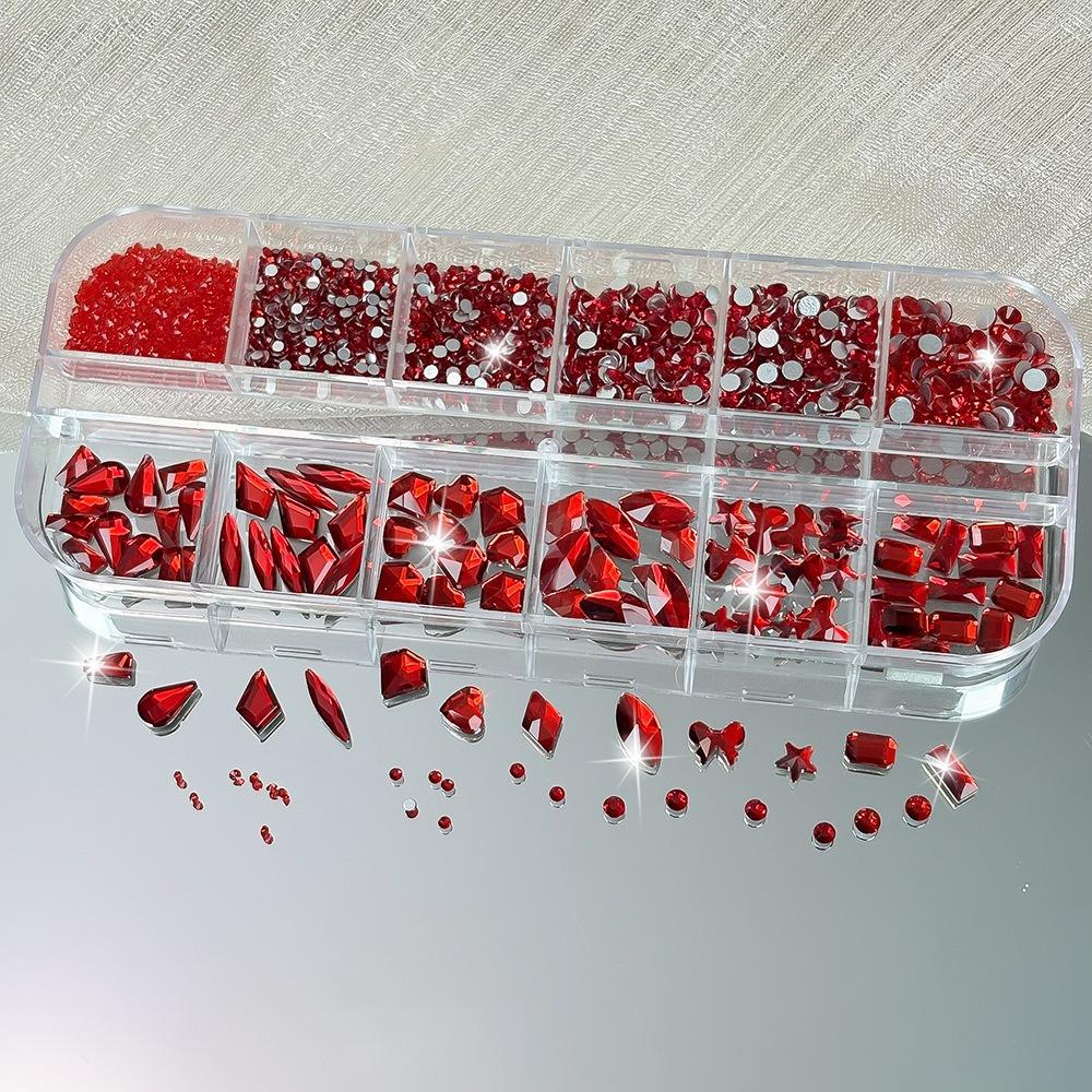 12 Grids 3D Nail Art Rhinestones Flat Bottom Square Rhombus Nail Art Charms Five-pointed Star/Heart Mixed-Shapes