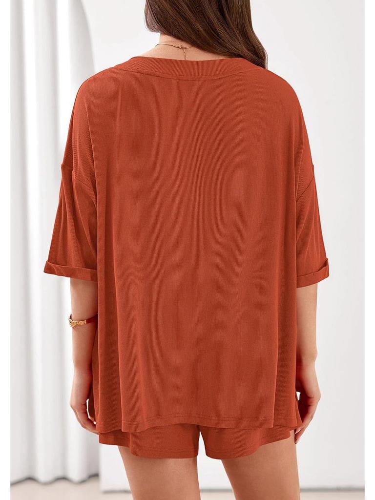 New Women's Casual Two-Piece Set: Loose V-Neck Short-Sleeved Top and Shorts