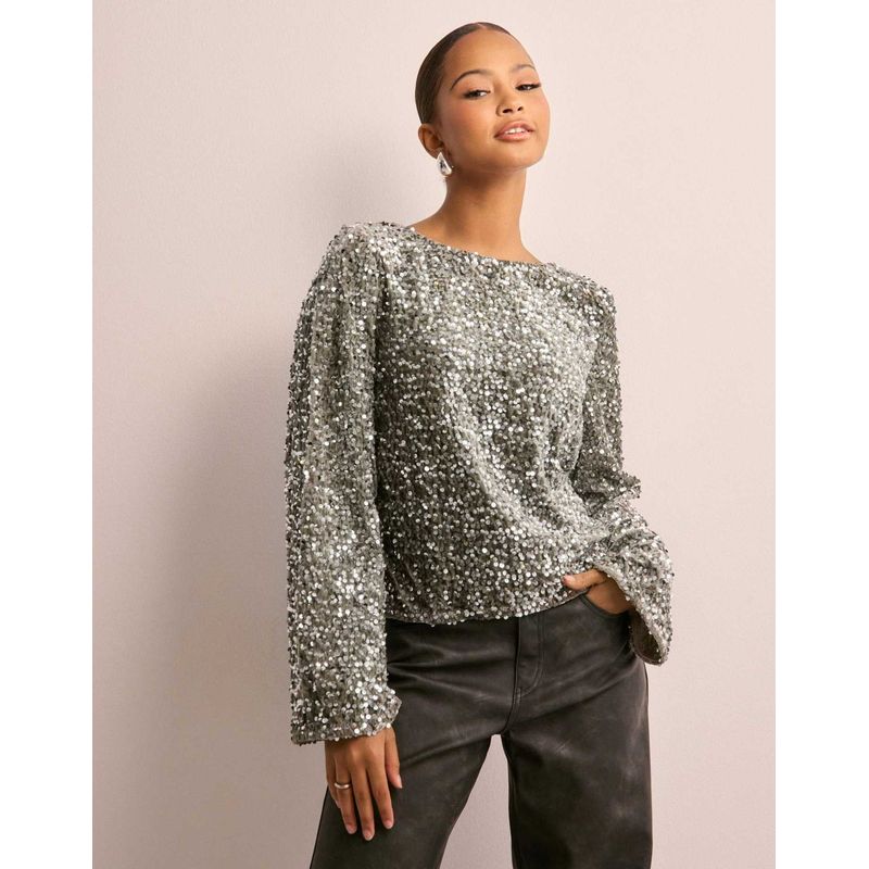 

Long sleeve Loose Plus size Sexy Sequined Short Top Long Sleeved Sequin Short Top Gray S