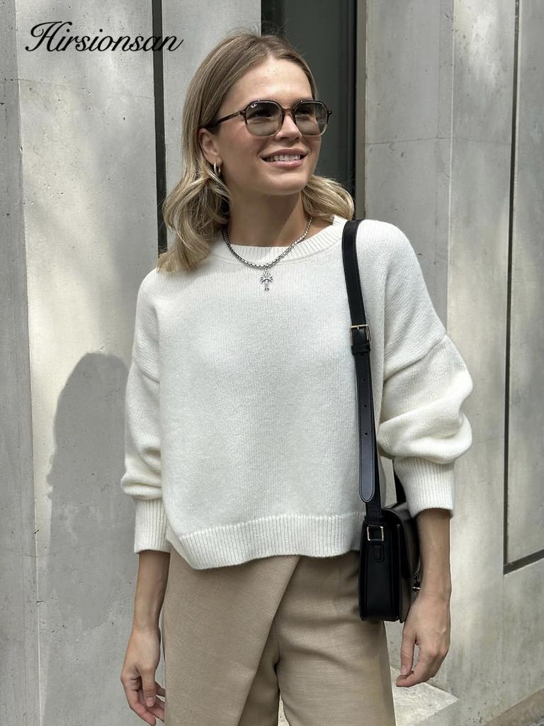 Hirsionsan Basic O Neck Basic Sleeve Sweater Women 2025 Oversized Short Knitted Pullovers Female Casual Thick Warm Soft Tops