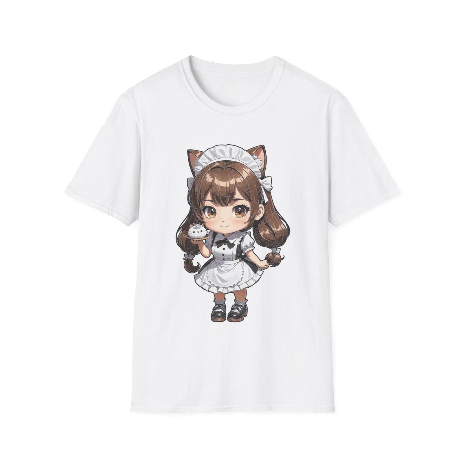 Kawaii Cat Maid T-Shirt Chibi Anime Maid Illustration Soft Cotton Tee XL