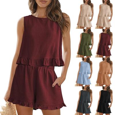 Moda Sexy Feminino Tops E Shorts Feminino 2 Peças Verão Sem Mangas Gola Alta Plissado Midriff Terno