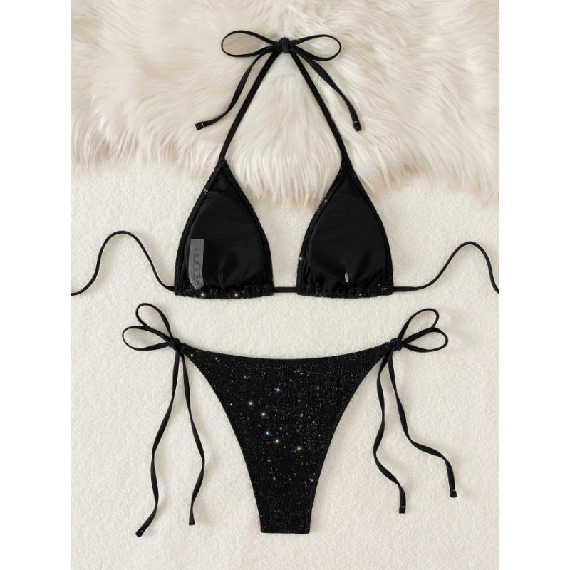 Set Bikini Triangolo Glitter Blu Reale da Donna - Top con Laccetti al Collo e Slip con Laccetti Laterali