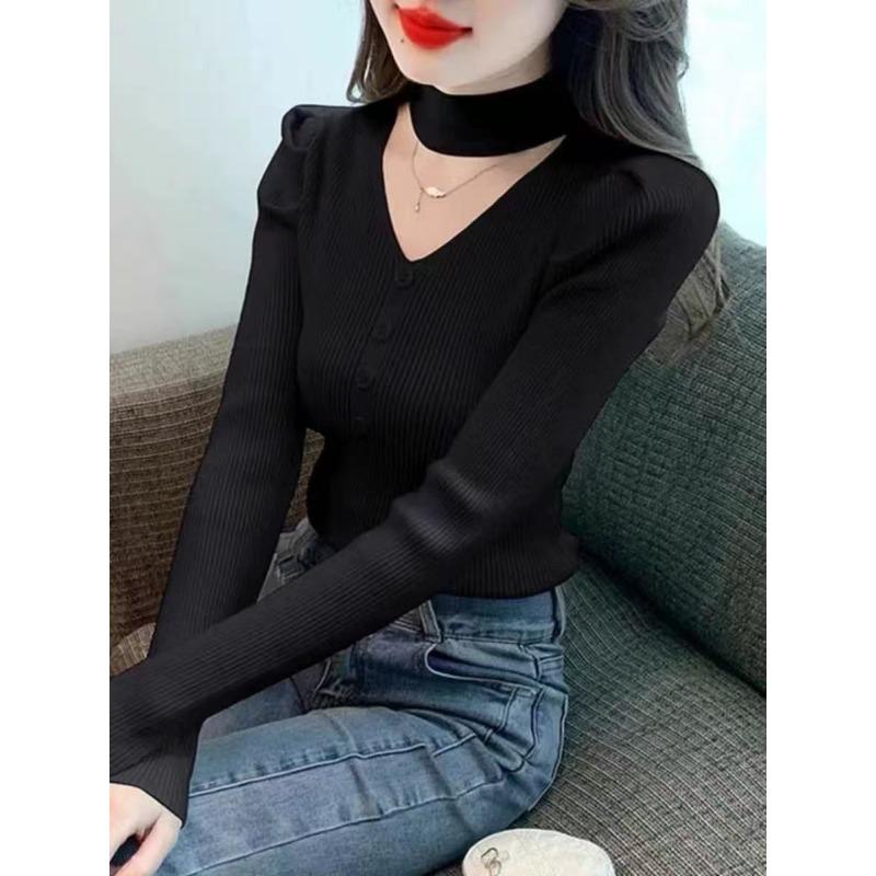 Neck Neck Long-sleeved Knitted Sweater Women's Spring and Autumn New Design Sense Slim-fitting Inner Bottoming Shirt Top