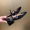 Fashion Women Double Buckle  Janes Shoes 2025 Spring New Patent Leather Dress High Heels Square Heel Thick Heel Diamond Single Shoes