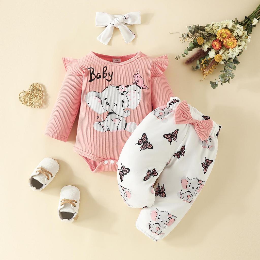 Set Bodysuit cu Mânecă Lungă și Pantaloni cu Fundiță Elefant Bebeluș