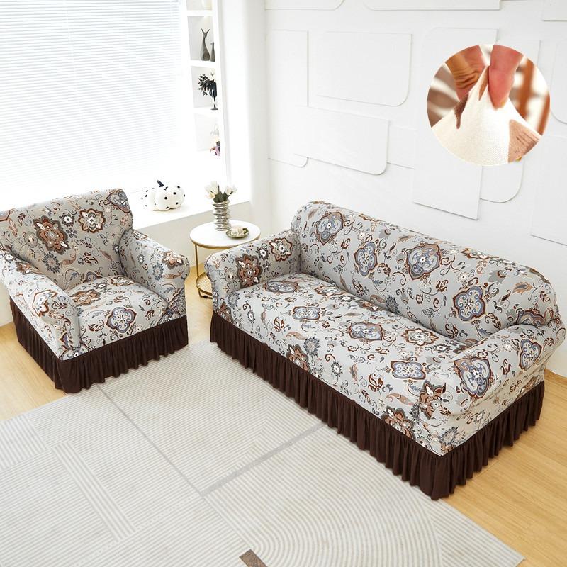High Elastic Stretchable Easy Fit Universal Furniture Protector Printed Sofa Slipcover Couch Cover with Skirt Durable Washable