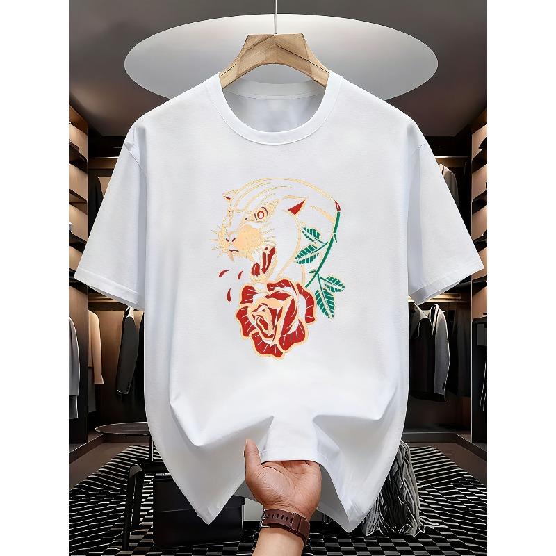 European sizes Men s T-Shirt Panther Roar Rose Tattoo Tee | Black Background with Detailed Panther Head Red Rose Green Leaves Tattoo Style Graphic S белый