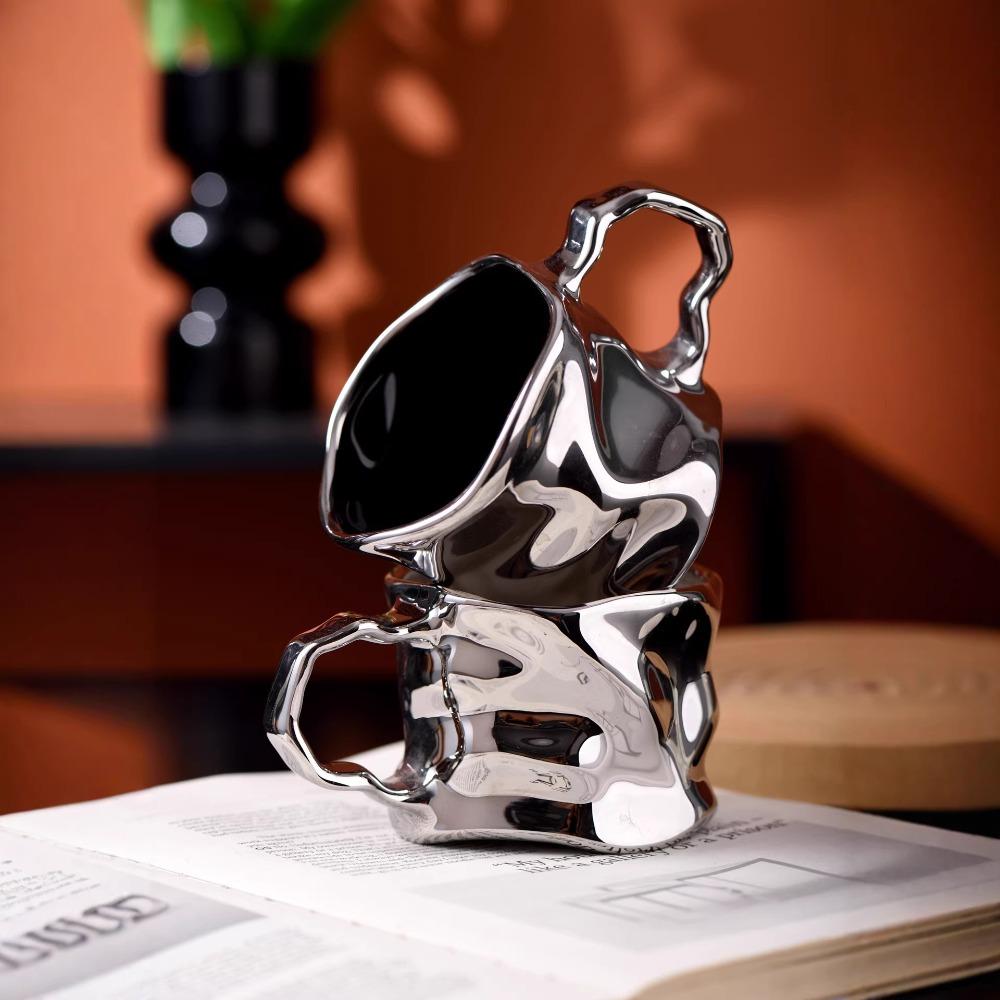 Modern Electroplated Silver Ceramic Coffee Cup Artistic Abstract Wrinkled Mug Metallic Imitation Milk Breakfast Cup Couple's Mug