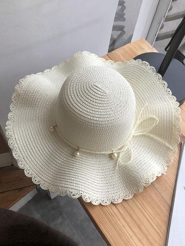 Summer Wide Brim Straw Hat With Lace Trim And Faux Pearl Decoration For Women