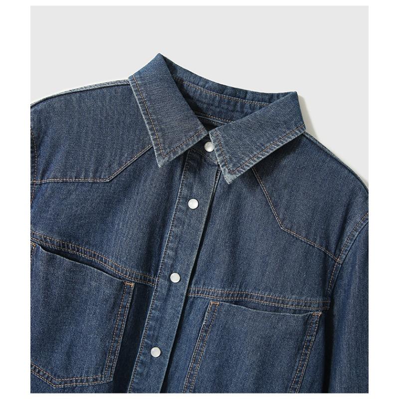 Vintage Hong Kong Style Blue Denim Shirt Women's Spring and Autumn Layering French Top