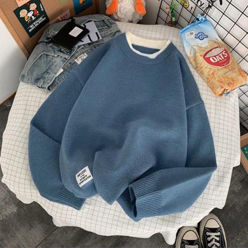 

Поддельный мужской свитер из двух частей, свободный и ленивый, в гонконгском стиле, новый свитер с круглым вырезом, студенческий свитер в корейском стиле 2XL