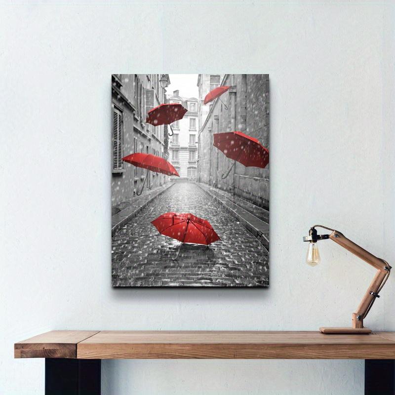 Framed - Modern City Streets, Red Umbrella Print, Multiple Scene Display, Framed Canvas Poster - Vibrant Decorative Artwork