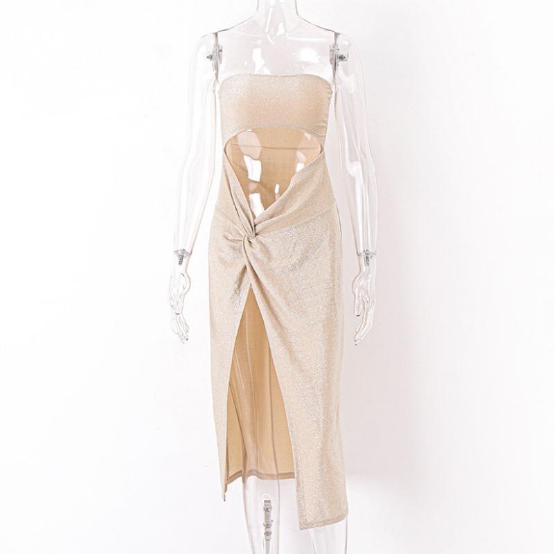 

Платье без бретелек с открытыми плечами, сексуальное, элегантное, с открытой спиной, облегающее, летнее, повседневное, женское, с закрученным разрезом, с высокой талией, вечернее платье 25774 S