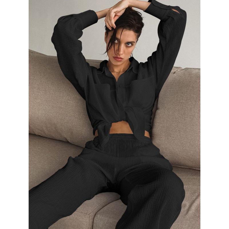 Dámská módní dvoudílná sada 2025: Košile s dlouhým rukávem a kalhoty s vysokým pasem a rovnými nohavicemi - Neformální evropský a americký styl