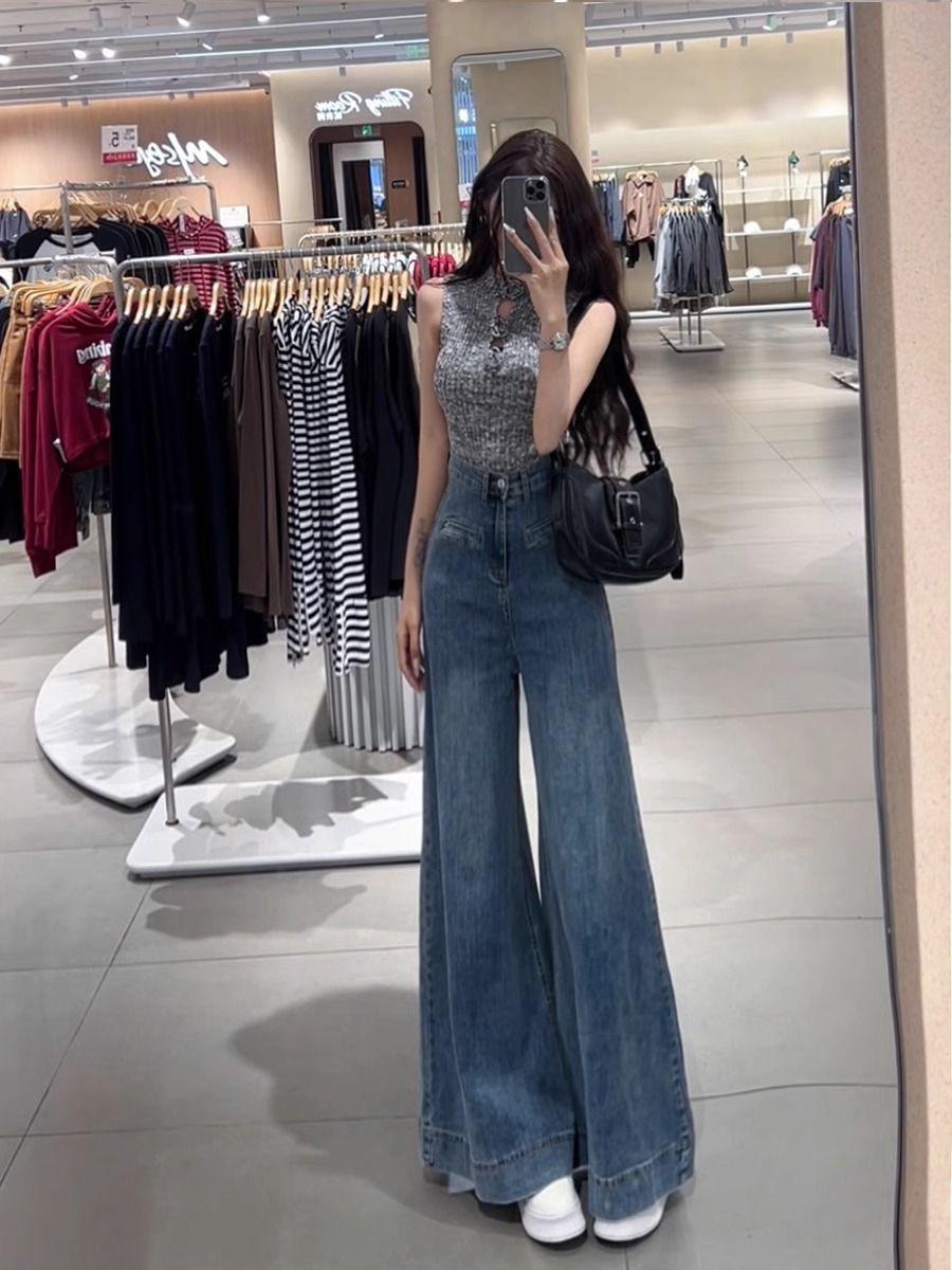 

Женские ретро джинсы с высокой посадкой и широкими штанинами, свободные и стройнящие, в корейском стиле, длиной до пола, прямого кроя. M