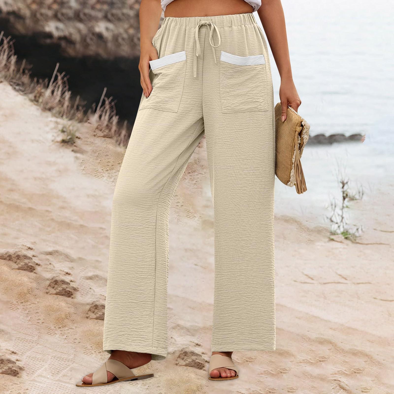 

Женские брюки-палаццо, летние повседневные струящиеся брюки с широкими штанинами, наряды для пляжа, путешествий, отпуска XL бежевый