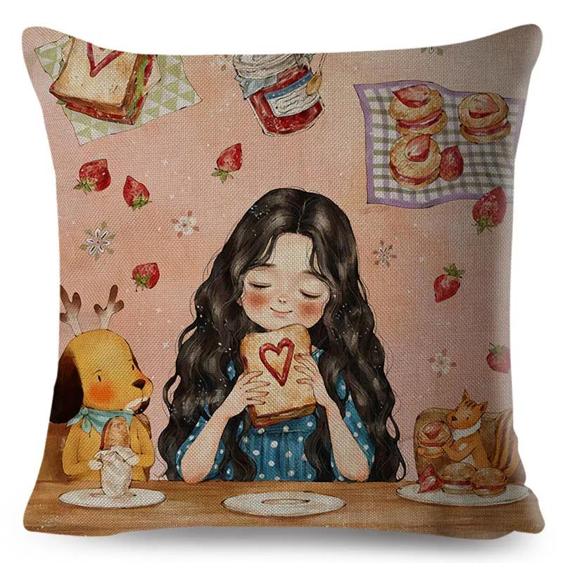Colorful Cute Cartoon Girl and Pet Dog Fairy Tale World Pillowcase Decor for Sofa Home Pillow Case Polyester Cushion Cover