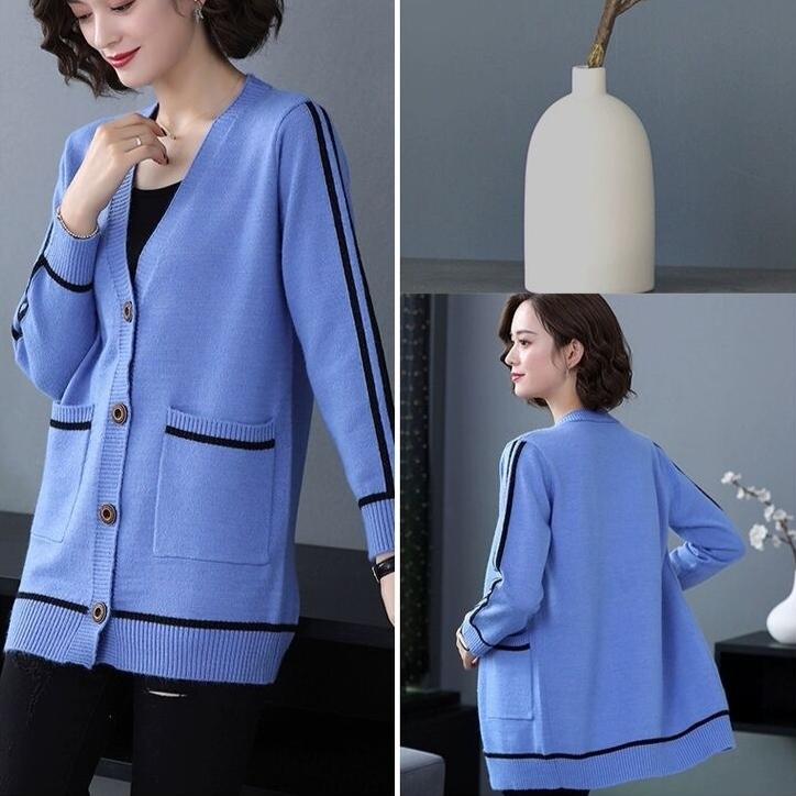 Dzianinowy sweter kardigan dla kobiet na jesień i zimę z dekoltem w serek, dzianinowy płaszcz, luźny sweter płaszcz o średniej długości