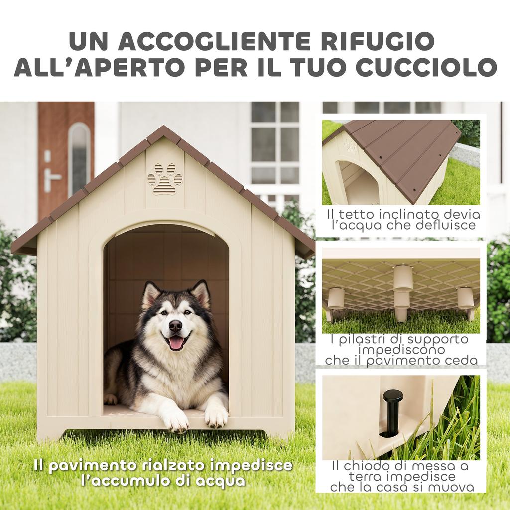 Raised Dog Kennel with Sloped Roof and Air Vents, PP, 102x94x103 cm, Beige and Dark Brown