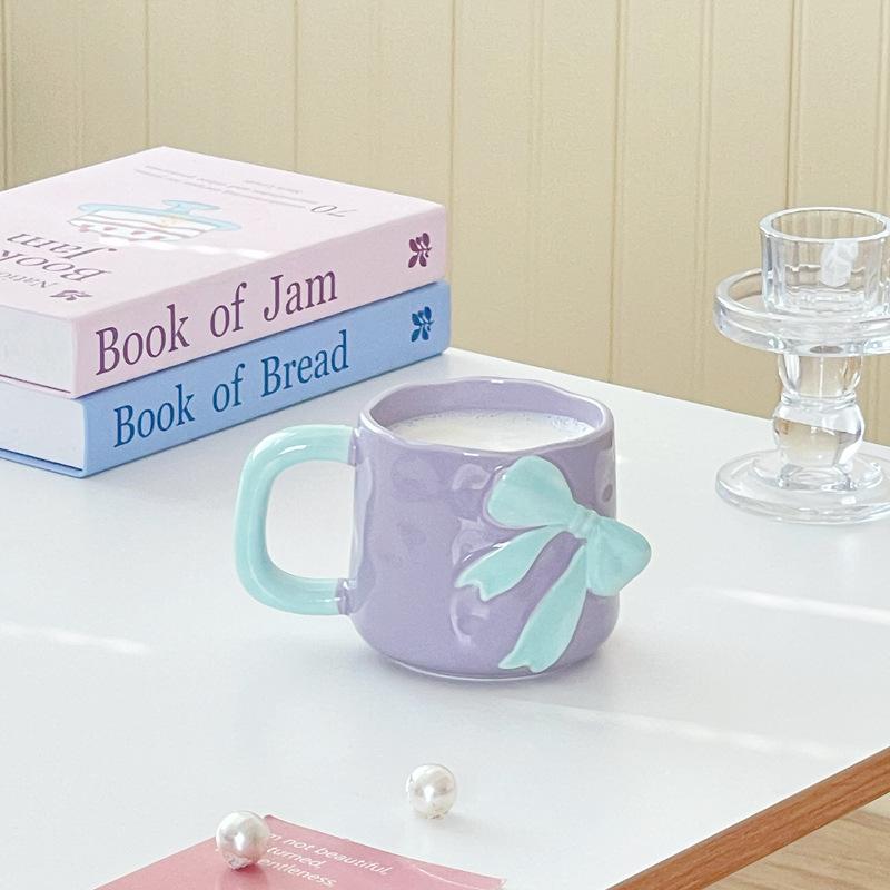 Pearlescent Glaze Bow Mug Nordic High Appearance Level Electroplated Ceramic  High End Feel  A Birthday Gift for A Girl's Best Friend