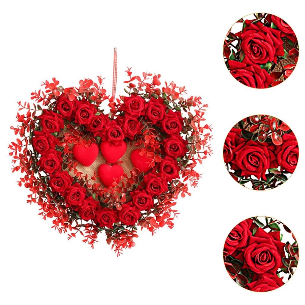 Heart Shaped Wreath Valentine's Day Decoration Artificial Rose Flowers Garland for Indoor Outdoor Mantel Table Anniversary