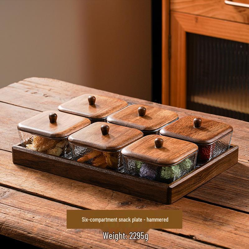Compartmented Walnut Wood and Glass Snack Tray