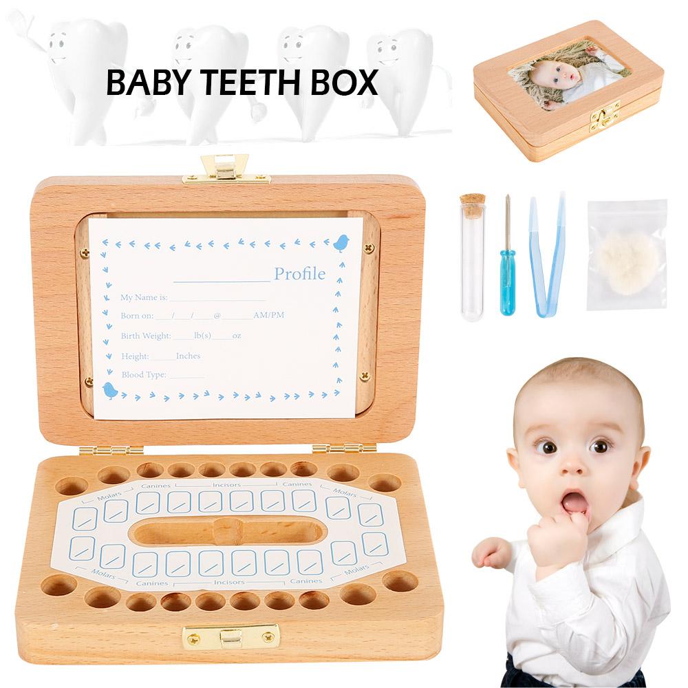 Wooden Baby Teeth Box Kids Keepsake Organizer Retro Baby Tooth Collection Box with Photo Frame Children Memory Box Newborn Gifts