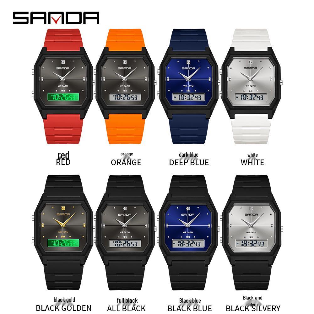 Sanda TEMU Men's Sports Watch: Hot-Selling, Waterproof, Luminous, Thin Square Design, Dual Display, Three Time Zones.