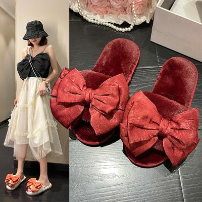 Fashion 2024 Winter New Women's Home Solid Color Bow Decorated Fluffy Furry Cotton Slippers