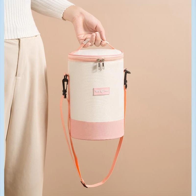 Insulated Cylindrical Lunch Bag Adjustable Shoulder Strap Washable Reusable Thermal Tote 1Pcs for School Office Outdoor Family Outing