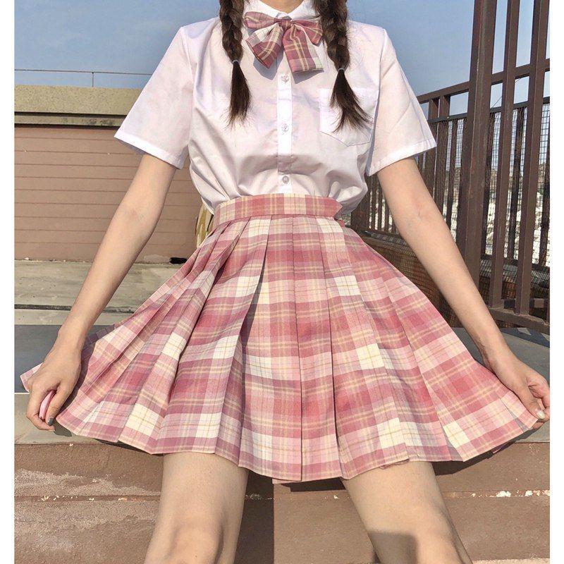 Lemon Sea Salt Plaid School Uniform: Short Sleeve Top & Midi Skirt Set